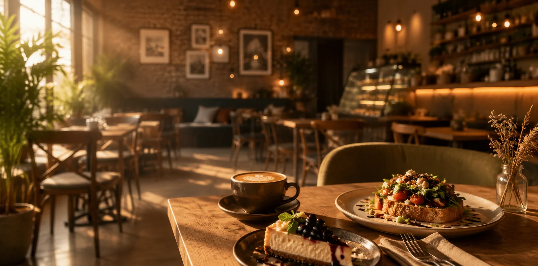 Warm cafe interior and food presentation