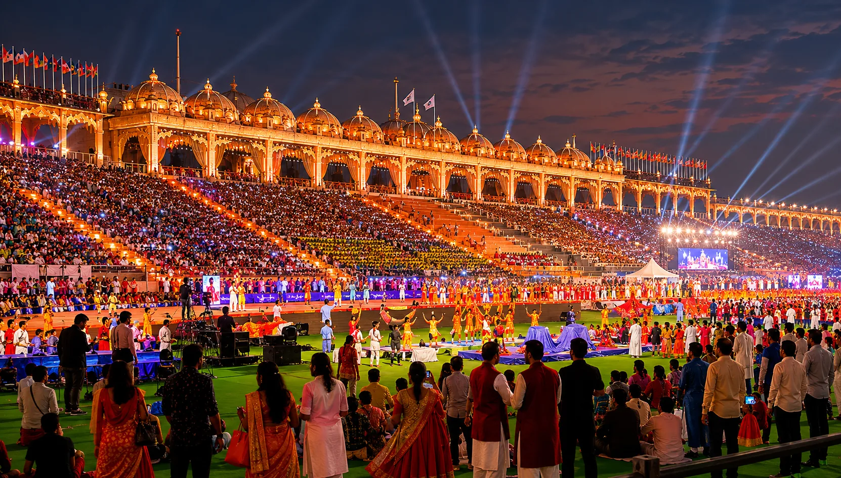 A large public cultural event with a vibrant audience