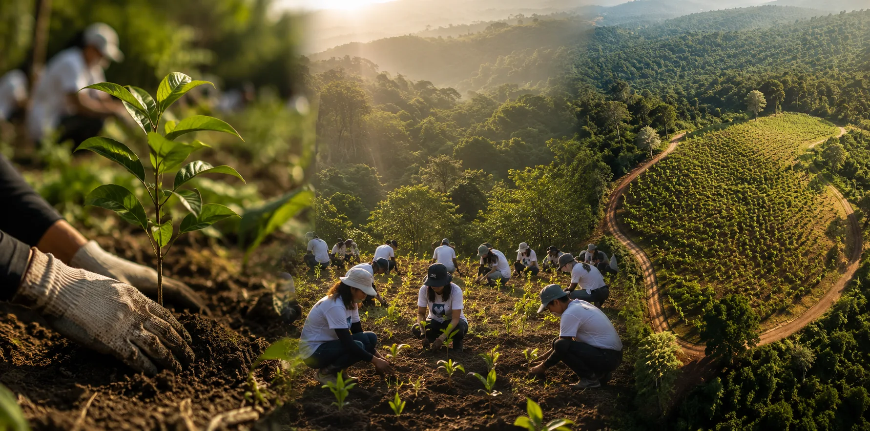 Volunteers planting saplings for a green initiative